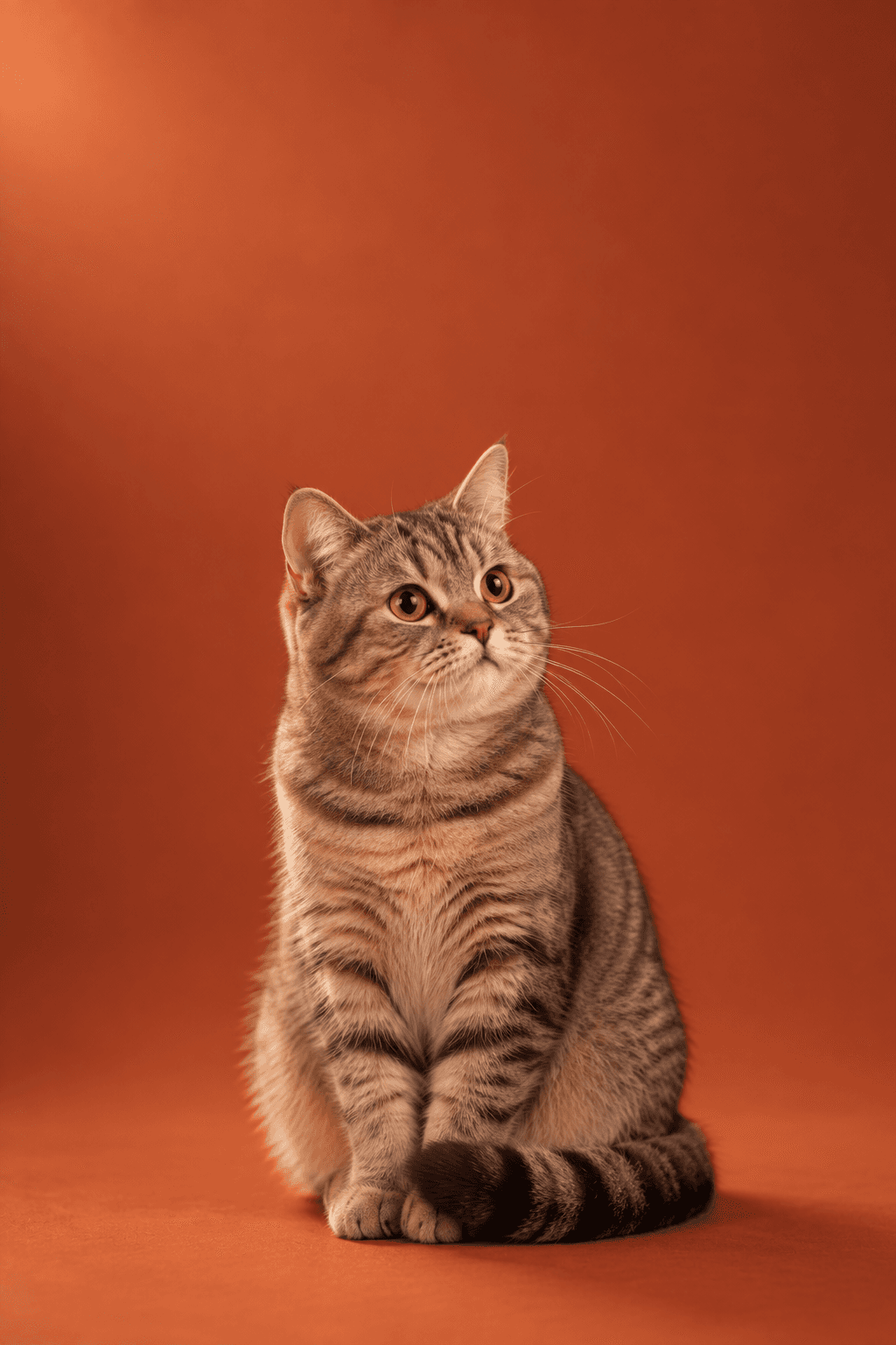 A curious tabby cat sitting upright